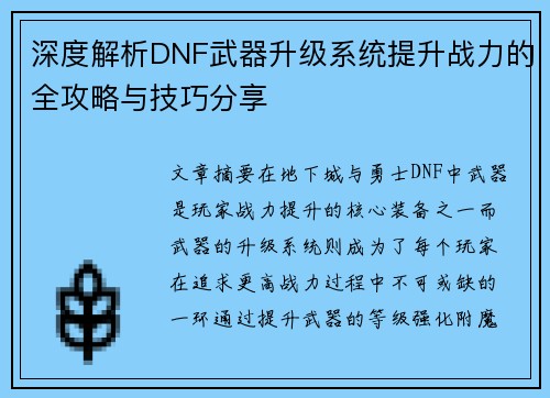深度解析DNF武器升级系统提升战力的全攻略与技巧分享